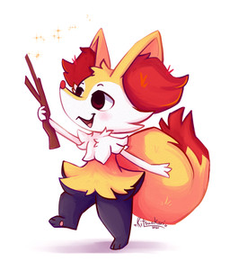 ambiguous_gender anthro biped black_body black_fur cheek_tuft chest_tuft chibi facial_tuft fur head_tuft inner_ear_fluff red_body red_fur simple_background solo tuft white_background white_body white_fur yellow_body yellow_fur kitsuakari nintendo pokemon braixen canid canine generation_6_pokemon mammal pokemon_(species) absurd_res hi_res sketch