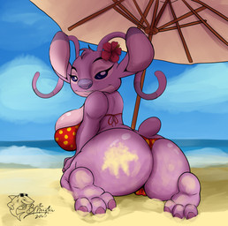 3_toes antennae_(anatomy) antennae_markings anthro beach bedroom_eyes big_breasts big_butt bikini biped breasts butt camel_toe claws clothing day ear_markings eyelashes feet female finger_claws flower flower_on_head fur head_tuft hibiscus kneeling logo long_antennae long_eyelashes looking_at_viewer looking_back looking_back_at_viewer markings narrowed_eyes outside pink_body pink_fur plant purple_claws purple_eyes purple_markings purple_nose sand seductive short_tail smile solo swimwear tail toe_claws toes tuft two-piece_swimsuit the-b-meister disney lilo_and_stitch angel_(lilo_and_stitch) alien experiment_(lilo_and_stitch) 2025 artist_logo english_description hi_res