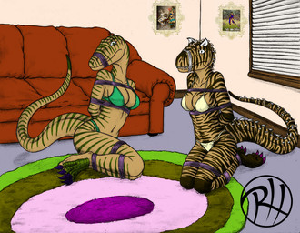 anthro bound breasts captured claws cleavage clothed clothing duo female gag gagged hands_behind_back kneeling looking_at_viewer non-mammal_breasts panties raised_tail restrained stripes tail tan_body tan_skin teeth underwear predaguy third-party_edit abelisaurid carnotaurus dinosaur dromaeosaurid prehistoric_species reptile scalie theropod velociraptor 2011