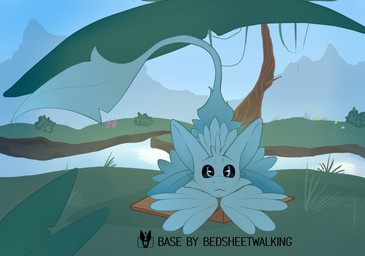 ambiguous_gender anthro blue_body blue_eyes blue_feathers detailed_background feathered_wings feathers forest jungle long_tail looking_at_viewer looking_forward lying nude on_front plant river solo tail text tree winged_arms wings bedsheetwalking ych_(character) avali avian absurd_res english_text hi_res