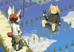 2022 anthro arthropod clothed clothing crustacean duo eyes_closed feral field_(agriculture) fur hair hi_res kemono lagomorph leporid male mammal marine milkybot open_mouth paddy_field partially_submerged plant rabbit reflection water young young_anthro young_male