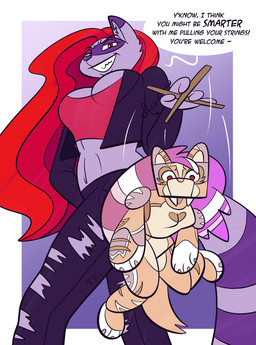 dialogue duo female fur hair implied_transformation inanimate_transformation puppet purple_body purple_fur red_hair text transformation trevor-fox felid mammal prehistoric_species procyonid raccoon saber-toothed_tiger english_text hi_res