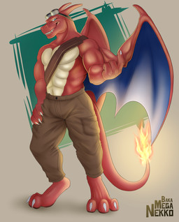 3_toes 4_fingers anthro backpack biceps blue_wings bottomwear claws clothing eyewear feet fingers goggles grin male muscular pants red_body shirtless shirtless_anthro shirtless_male six-pack smile solo tail toes wings bakameganekko mythology nintendo pokemon charizard dragon generation_1_pokemon mythological_creature mythological_scalie pokemon_(species) reptile scalie absurd_res hi_res