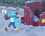 beak blue_body blue_feathers blue_hair boots bottomwear clothing feathers footwear hair neck_tuft pants shed shoes snow snowdin tuft winter wood yellow_beak shizameakanzatsu undertale undertale_(series) undertale_yellow martlet_(undertale_yellow) avian bird absurd_res hi_res