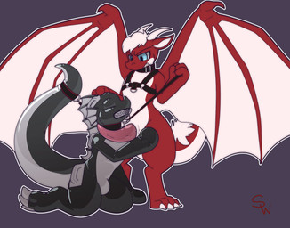 accessory anthro black_body claws collar dorsal_fin dorsal_frill ear_fins fin frill_(anatomy) furgonomics gimp_mask gimp_suit grey_body handles_on_thighs harness horn male mask multicolored_body raised_tail red_body red_eyes sex spines tail tail_accessory tail_collar thigh_sex wings zipper zipper_mouth shinywark mythology jamesthedragon negadrake dragon mythological_creature mythological_scalie scalie 2022 hi_res