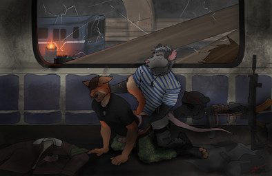 ak-47 ak_platform anal anal_penetration anthro anthro_on_anthro anthro_penetrated anthro_penetrating anthro_penetrating_anthro arm_scar armor army army_clothing army_outfit army_uniform assault_rifle belt biceps black_belt black_clothing black_shirt black_topwear blue_clothing blue_shirt blue_topwear bottomwear bottomwear_around_legs bottomwear_down brown_belt butt butt_grab camo camo_bottomwear camo_clothing camo_pants camo_print clothed clothed_anthro clothed_male clothed_sex clothing clothing_around_legs discarded_armor discarded_clothing dog_tags doggystyle duo erection erection_while_penetrated eyebrow_scar eyebrows eyes_closed facial_scar from_behind_position fur genitals grabbing_another grabbing_head grabbing_partner green_bottomwear green_clothing green_pants grey_body grey_bottomwear grey_clothing grey_fur grey_pants gun hand_on_butt hand_on_head holding_another holding_another's_head holding_butt holding_head holding_partner holding_partner's_head humping male male/male male_penetrated male_penetrating male_penetrating_male manly military military_clothing military_pants military_uniform muscular muscular_anthro muscular_male orange_body orange_fur pants pants_around_legs pants_down partially_clothed pattern_bottomwear pattern_clothing pattern_pants penetration penile penile_penetration penis penis_in_ass post-apocalyptic pounding_ass public_transportation ranged_weapon rapid_transit rifle romantic romantic_couple romantic_sex rubbing_head scar sex shirt soldier subway subway_station tactical tactical_gear tail thick_arms thrusting thrusting_forward topwear trash_can trash_can_fire trashfire uniform warrior weapon surturthewolflord dimitri_khandov luka_(surturthewolflord) american_opossum canid canine canis mammal marsupial virginia_opossum wolf hi_res