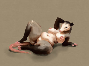 anthro belly big_belly big_breasts big_butt black_body black_fur breasts butt female fur grey_body grey_fur nipples nude simple_background slightly_chubby smile solo tail thick_thighs white_body white_fur wide_hips alytarch lucille_(alytarch) american_opossum mammal marsupial virginia_opossum 2026 4:3 absurd_res digital_media_(artwork) digital_painting_(artwork) hi_res painting_(artwork) signature