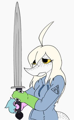 ahoge anthro black_eyes blonde_hair blue_clothing blue_hoodie blue_topwear clothing eyelashes female freckled_face freckles hair hand_puppet holding_melee_weapon holding_object holding_sword holding_weapon hoodie long_hair long_tail melee_weapon scales simple_background snout solo sword tail topwear weapon white_background white_body white_scales yellow_sclera jacket_ignites third-party_edit cavemanon_studios puppet_pals snoot_game judee dinosaur prehistoric_species reptile saurischian scalie theropod troodon troodontid 2025 color_edit colored digital_drawing_(artwork) digital_media_(artwork) hi_res