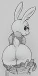 2016 anthro bottomless bottomwear bottomwear_down butt clothed clothing digital_media_(artwork) disney ear_piercing female hi_res ikiki judy_hopps lagomorph leporid looking_at_viewer mammal monochrome mooning pants pants_down partially_clothed piercing presenting presenting_hindquarters rabbit rear_view simple_background solo undressing zootopia