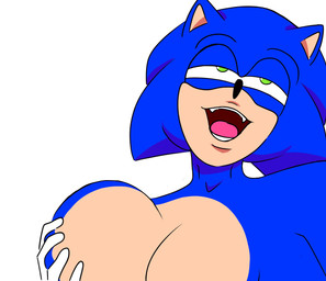 anthro big_breasts black_nose blue_body blue_ears blue_fur breasts clothing crossgender female fur gloves green_eyes half-closed_eyes hand_on_breast hand_on_own_breast handwear looking_pleasured multicolored_body multicolored_fur narrowed_eyes simple_background solo tan_body tan_fur teeth tongue two_tone_body two_tone_fur white_background white_clothing white_gloves white_handwear rydryd kakegurui_masho_(meme) sega sonic_the_hedgehog_(series) sonic_the_hedgehog eulipotyphlan hedgehog mammal 2026 digital_media_(artwork) hi_res meme