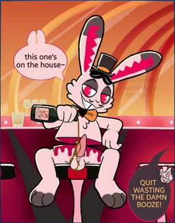 3_toes 4_fingers alcohol animal_genitalia animal_penis anthro balls bar bar_stool bartender beer beverage blood bodily_fluids bottle bow_tie cheek_tuft chest_tuft clothing color_coded color_coded_speech_bubble container cup cut_in_half dialogue dipstick_ears ear_markings facial_hair facial_tuft feet fingers fur furniture genitals glass glass_container glass_cup green_bottle hat headgear headwear lagomorph_penis leaning leaning_backward leaning_on_table male multicolored_ears mustache offscreen_character penis pouring pouring_on_penis speech_bubble stool text toes top_hat tuft white_body white_fur darli_buni hazbin_hotel hellaverse bartender_rabbit_(hazbin_hotel) husk_(hazbin_hotel) demon lagomorph leporid mammal rabbit english_text