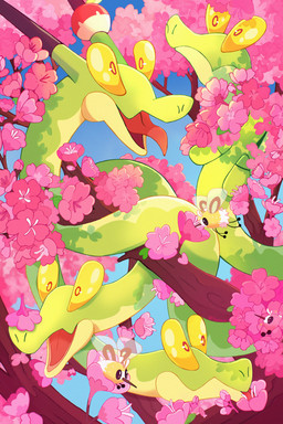 ambiguous_gender cherry_blossom feral flower green_body group horn insect_wings open_mouth plant prunus_(flower) tongue tongue_out wings taplaos nintendo pokemon arthropod cutiefly generation_7_pokemon generation_9_pokemon hydrapple insect pokemon_(species) scalie absurd_res hi_res