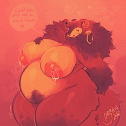anthro belly big_belly big_breasts big_nipples bodily_fluids body_hair breasts ear_piercing ear_ring female fur hand_on_breast happy_trail huge_belly huge_breasts huge_nipples huge_thighs lactating nipples piercing pregnant red_body red_fur ring_piercing solo thick_thighs baranarts mythology bovid caprine dragon hybrid mammal mythological_creature mythological_scalie scalie sheep 1:1