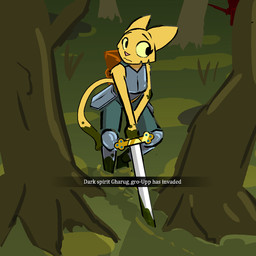 anthro armor female forest fur holding_melee_weapon holding_object holding_sword holding_weapon looking_aside melee_weapon outside pink_nose plant solo sword text tree weapon yellow_body yellow_fur aygee dark_souls fromsoftware microsoft prequel_adventure the_elder_scrolls katia_managan felid khajiit mammal 1:1 2020 english_text hi_res