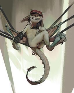 anthro beanie beanie_only black_hair clothing facial_piercing feet female fingers flat_chested genitals hair hat hat_only headgear headgear_only headwear headwear_only looking_at_viewer lying membrane_(anatomy) membranous_wings mostly_nude nose_piercing nose_ring nude on_back piercing ring_piercing rope simple_background smile solo tail teeth toes vulva wings mindkog deadlock_(game) valve valve_corporation ivy_(deadlock) gargoyle digital_media_(artwork) hi_res