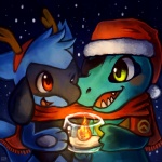 ambiguous_gender blue_body blue_skin blush duo feral fire green_eyes holidays outside red_eyes snow tail haychel christmas nintendo pokemon fan_character leon_(haychel) vagus_(haychel) canid canine generation_2_pokemon generation_4_pokemon mammal pokemon_(species) riolu totodile 1:1 animated digital_media_(artwork) short_playtime