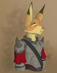 anthro armor blue_eyes brown_body brown_fur caesars_legion fur head_scar looking_away male mouth_scar nose_scar scar simple_background solo spiked_armor spikes tan_body tan_fur lady-darkstreak fallout microsoft legate_lapinus_(character) lagomorph leporid mammal rabbit absurd_res half-length_portrait hi_res portrait