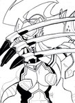 abs anthro armor athletic athletic_anthro athletic_female big_claws breasts claws female fur hair machine open_mouth ponytail sharp_teeth solo teeth tohofuhai super_robot_wars victora canid canine mammal robot 2009 digital_drawing_(artwork) digital_media_(artwork) half-length_portrait monochrome portrait