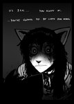 ambiguous_gender anthro black_hair blood bodily_fluids duo female gore hair medium_hair text hladilnik carol_(hladilnik) daniel_(hladilnik) canid canine canis domestic_dog ghost mammal spirit wolf english_text hi_res monochrome sketch