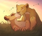 cuddling duo eyes_closed female female/female feral french_kissing fur grass hug kissing lying nude on_back on_front plant sunset mr.solar disney the_lion_king nala_(the_lion_king) vitani_(the_lion_king) felid lion mammal pantherine digital_media_(artwork) hi_res