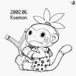 ambiguous_gender animal_print anthro clothing leopard_print ranged_weapon simple_background sitting slingshot solo text toga topknot underbite weapon white_background kokofuyu148655 bandai_namco digimon digimon_(species) monmon 1:1 english_text monochrome