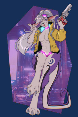 anthro cyberpunk cyberpunk_clothes female gun multicolored_body purple_body ranged_weapon solo tongue tongue_out weapon white_body azaleesh ayre_(flemina) hybrid 2:3 absurd_res alpha_channel hi_res