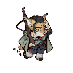 anthro belt big_pupils biped black_hair bolt-action_rifle bottomwear cape cheek_tuft chibi clothing collared_shirt dress_shirt eyebrows facial_markings facial_tuft footprint footwear fur gun hair hand_on_head head_markings holding_object holding_weapon long_sleeve_shirt male markings neutral_expression pants pawpads pawprint pointy_ears pupils ranged_weapon rifle shirt shoes short_hair simple_background slicked_back_hair solo thick_eyebrows topwear tuft weapon white_body white_fur yellow_body yellow_fur ddcrushh ogata_hyakunosuke felid feline mammal 1:1 digital_drawing_(artwork) digital_media_(artwork)