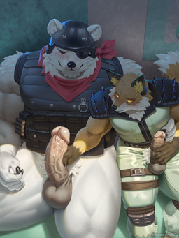 anthro anthro_on_anthro armor army_helmet ball_size_difference balls barazoku belt biceps big_balls big_glans big_muscles big_penis black_belt black_helmet blush blush_lines bodily_fluids bodysuit bottomless bottomless_anthro bottomless_male bottomwear brown_body brown_eyes brown_fur bulletproof_vest casual_sex claws clothed clothing deltoids duo eye_patch eyewear finger_claws fur genitals glans grass green_bodysuit green_clothing green_skinsuit hair hand_on_hip handjob handjob_while_masturbating headgear helmet holster huge_balls huge_muscles huge_penis inner_ear_fluff kemono kerchief knee_pads larger_anthro larger_male male male/male masturbation muscular muscular_anthro muscular_arms muscular_male muscular_thighs narrowed_eyes neckerchief neckwear orange_sclera outside pants pecs penile penile_masturbation penis penis_grab penis_size_difference plant pubes red_ascot sex shoulder_pads sitting size_difference skinsuit smile spiked_shoulder_pads spikes sweat sweatdrop tail text thick_arms thick_penis thick_thighs tight_clothing topwear tree tuft unzipped vein veiny_muscles veiny_penis vest white_body white_fur white_hair yellow_body yellow_eyes yellow_fur yellow_sclera zipper raccoon21 epic_games fortnite fennix_(fortnite) polar_patroller bear canid canine fox mammal polar_bear red_fox true_fox ursine 2025 3:4 absurd_res artist_name hi_res