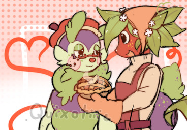 accessory anthro bookworm clothed clothing duo eyewear flower flower_in_hair food freckled_face freckles fruit glasses glistening_eyelids hair hair_accessory holding_food holding_object male male/male pastry plant strawberry .quixotiiic blushcrunch_studio dandy's_world sprout_(dandy's_world) squirm_(dandy's_world) arthropod caterpillar humanoid insect larva 2026 digital_media_(artwork) hi_res