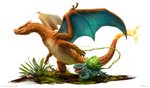 ambiguous_gender claws duo feral grass membrane_(anatomy) membranous_wings moss orange_body orange_scales plant scales tail wings arvalis nintendo pokemon bulbasaur charizard generation_1_pokemon pokemon_(species) 2021 absurd_res digital_media_(artwork) hi_res