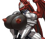 anthro big_breasts breasts clothing female huge_breasts membrane_(anatomy) membranous_wings muscular muscular_anthro muscular_female nipple_piercing nipples non-mammal_breasts non-mammal_nipples piercing red_body red_nipples simple_background solo white_background wide_hips wings r2roh mythology exeter dragon mythological_creature mythological_scalie scalie hi_res