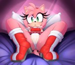 anthro bed blush bodily_fluids breasts butt camel_toe clothing eyelashes female footwear furniture genitals glistening glistening_butt green_eyes long_eyelashes panties pillow plump_labia pussy shoes solo spread_legs spreading sweat underwear white_clothing white_panties white_underwear lockheart sega sonic_the_hedgehog_(series) amy_rose eulipotyphlan hedgehog mammal absurd_res hi_res