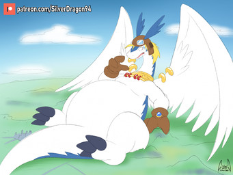 anthro aviator_cap blonde_hair blue_body bodily_fluids city clothing eyewear feathered_wings feathers furgonomic_piercing furgonomics gloves goggles hair handwear macro male outside overweight overweight_male piercing semi-anthro sky solo sweat sweatdrop white_body wing_piercing wings soul-silver-dragon legendz mythology shiron dragon mythological_creature mythological_scalie scalie windragon digital_media_(artwork) hi_res