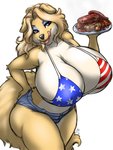 american_flag_bikini anthro beef big_breasts bikini bikini_top blonde_hair blue_eyes bottomwear bra breasts clothing cutoffs daisy_dukes denim denim_bottomwear denim_clothing female flag flag_bikini flag_clothing flag_print flag_swimwear food hair hotpants huge_breasts meat print_bikini print_clothing print_swimwear shorts solo steak swimwear two-piece_swimsuit underwear madturtle belladonna_goldbloom bird_dog canid canine canis domestic_dog golden_retriever hunting_dog mammal retriever 2016 hi_res story story_in_description