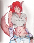 anthro belt bottomwear clothing denim denim_bottomwear denim_clothing female fur hair jeans pants pink_body pink_fur red_hair solo tail yellow_eyes dusktwilight mythology canid canine canis mammal mythological_canine mythological_creature werecanid werecanine werecreature werewolf wolf traced