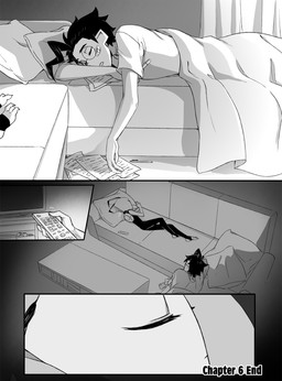 aged_up ahoge antennae_(anatomy) bald band-aid band-aid_on_face bandage bandage_on_face bedding black_hair blanket bruised bruised_neck clothed clothing duo furniture hair lying lying_on_sofa male not_furry on_sofa pillow sleeping sofa text inimoose invader_zim nickelodeon dib_membrane zim_(invader_zim) alien alien_humanoid human humanoid irken mammal comic digital_media_(artwork) english_text hi_res monochrome