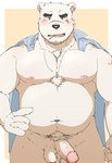 anthro balls belly black_nose blush eyewear genitals glasses humanoid_genitalia humanoid_hands humanoid_penis kemono male nipples overweight overweight_male penis scar simple_background solo hagom bear mammal polar_bear ursine 2022 hi_res