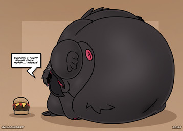 3_toes 4_fingers anthro avian_feet beak belly big_belly black_beak black_body black_talons blush bodily_fluids brown_background burger copyright_symbol deep_navel feathers feet fingers food head_tuft huge_belly hyper hyper_belly lying male moobs morbidly_obese morbidly_obese_anthro morbidly_obese_male navel nipples non-mammal_nipples obese obese_anthro obese_male on_side open_beak open_mouth orange_eyes overweight overweight_anthro overweight_male pink_nipples pink_tongue simple_background solo sweat symbol tail tail_feathers text toes tongue tuft balloonedbird tuba_(balloonedbird) avian bird corvid corvus_(genus) crow oscine passerine 2025 english_text hi_res shaded