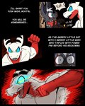 anthro asphyxiation blood blue_eyes bodily_fluids choking clothed clothing duo gloves handwear male scared simple_background sweat sweatdrop text topless wounded 60percentscalie dovak vauruk bat demon mammal comic english_text hi_res