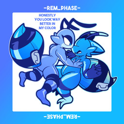 antennae_(anatomy) anthro arthropod_abdomen black_body black_latex blue_body blue_latex dialogue drone duo featureless_crotch female goo-connected_lips handle latex latex_body male male/female multicolored_body text two_tone_body rem_phase n-2_rem arthropod bee hymenopteran insect latex_creature living_latex 1:1 2025 absurd_res english_text hi_res
