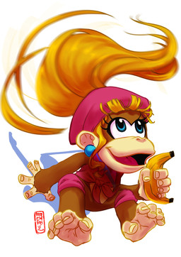 5_toes banana barefoot blonde_hair blue_eyes brown_body brown_fur clothing ear_piercing feet female feral food fruit fur hair hat headgear headwear jewelry long_hair open_mouth piercing plant ponytail prehensile_feet simple_background soles solo text toes archiri donkey_kong_(series) nintendo dixie_kong haplorhine mammal monkey primate 2017 english_text hi_res
