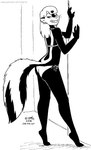 2018 anthro bikini black_and_white breasts butt clothed clothing ear_piercing ear_ring female fur grin hair kelly_o'dor looking_back mammal mephitid monochrome piercing pinup pose ring_piercing skunk smile solo striped_skunk swimwear tail tegerio zandar's_saga
