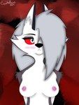 anthro big_breasts black_nose blush breasts ear_tuft erect_nipples female fur hair long_hair multicolored_body multicolored_fur nipple_piercing nipples nude piercing pink_nipples red_sclera simple_background solo tuft two_tone_body two_tone_fur white_body white_fur coyotebass helluva_boss mythology loona_(helluva_boss) canid canid_demon canine demon hellhound mammal mythological_canine mythological_creature 3:4 absurd_res digital_media_(artwork) hi_res