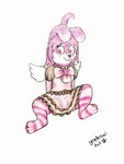 anthro bottomwear bottomwear_down clothing female paws paws_in_socks shy skirt skirt_down smile solo spread_legs spreading wings yordraw lagomorph leporid mammal rabbit absurd_res hi_res