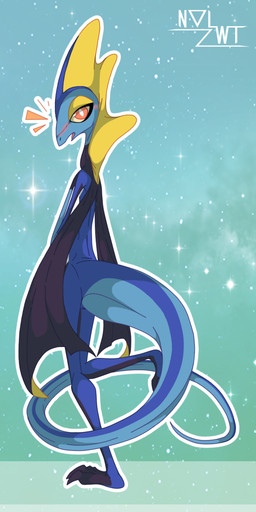 3_toes 5_fingers anthro black_body black_scales blue_body blue_scales blush caught_off_guard contiguous_snout cosmic_background embarrassed feet fin fingers gradient_background head_fin long_tail looking_at_viewer looking_back male open_mouth orange_eyes outline pupils rear_view scales simple_background slim slit_pupils solo surprised tail thick_tail toes white_outline yellow_body yellow_scales nal_wt nintendo pokemon cayde_the_inteleon generation_8_pokemon inteleon lizard pokemon_(species) reptile scalie absurd_res colored colored_line_art hi_res shaded watermark