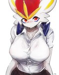 anthro big_breasts bra_lines breasts cleavage clothed clothing female fur hair huge_breasts looking_at_viewer red_eyes red_hair solo white_body white_fur menyang nintendo pokemon cinderace generation_8_pokemon lagomorph mammal pokemon_(species) digital_media_(artwork) hi_res