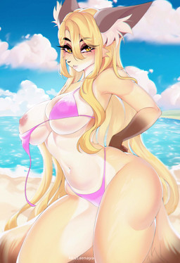 anthro areola bangs beach big_breasts bikini bikini_bottom bikini_top blonde_hair blush breasts brown_ears brown_eyelids brown_markings cheek_tuft clothing cloud eyelashes facial_tuft female fur hair inner_ear_fluff long_eyelashes long_hair looking_at_viewer markings navel nipples pink_areola pink_blush pink_nipples purple_bikini purple_clothing purple_swimwear sea sky small_waist solo standing swimwear tail tan_body tan_fur tuft two-piece_swimsuit water yellow_body yellow_eyes yellow_fur akulaenaya canid canine fox mammal 2025 colored digital_drawing_(artwork) digital_media_(artwork) hi_res shaded