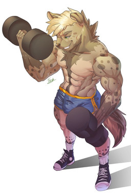 abs anthro bottomwear bulge clothing dumbbell exercise male muscular muscular_male shirtless_male shorts simple_background solo tail vein veiny_muscles weightlifting weights white_background workout trojin vincent_(lordvincent14) hyena mammal spotted_hyena