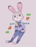 anthro biped black_eyes carrot clothing female food grey_background hand_on_hip holding_food holding_object plant simple_background smile solo standing text vegetable buke3jp disney zootopia judy_hopps lagomorph leporid mammal rabbit 2019 english_text full-length_portrait portrait