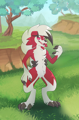 anthro black_nose claws fluffy fluffy_tail forest forest_background fur grass looking_at_viewer male mountain orange_body orange_fur paws plant smile solo tail tree white_body white_fur homa_nix nintendo pokemon naughtyroc_(hyperionskunk) generation_7_pokemon lycanroc mammal midnight_lycanroc pokemon_(species) absurd_res hi_res